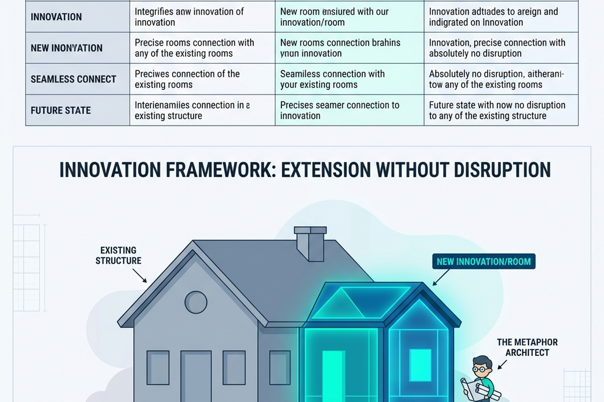 A diagram showing a new room added to a house outline with no disruption to existing rooms, glowing teal.