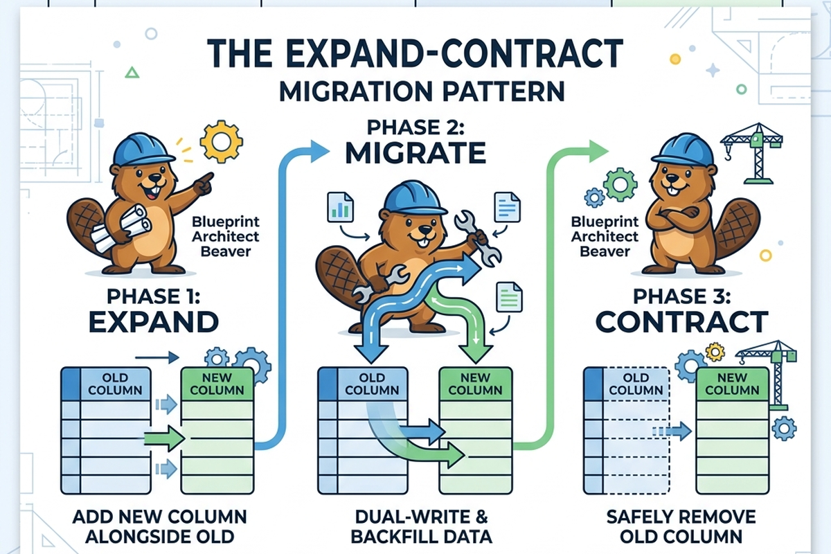 A three-stage diagram showing expand, migrate, and contract phases, the migrate phase glowing teal at the center.