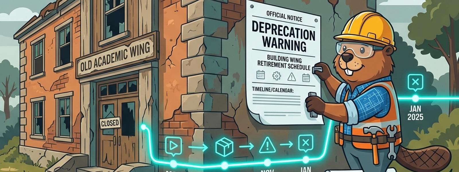 The Blueprint Architect posts a condemnation notice with a visible timeline on an empty old wing, the notice glowing teal against the muted gray/blue wing.