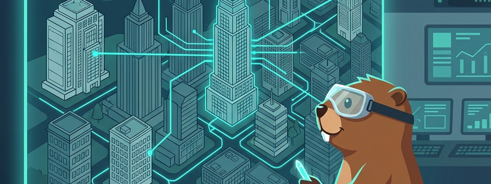 The Blueprint Architect stands before a wall covered in every building's blueprint in the city at once, connecting lines glowing teal across the whole wall.