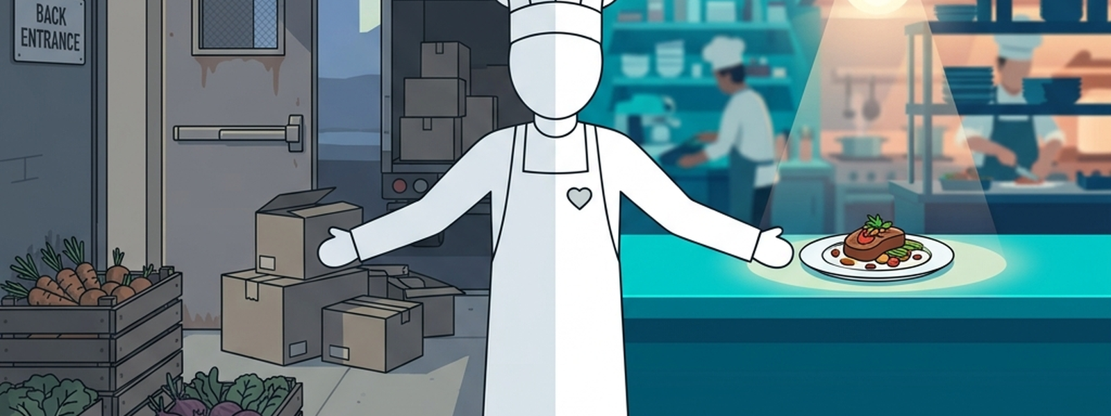 A busy restaurant back door at dawn with unlabeled farm crates arriving on the left, transitioning to a clean, finished plated dish glowing softly on the right, with the Sous Chef mascot bridging the two scenes.