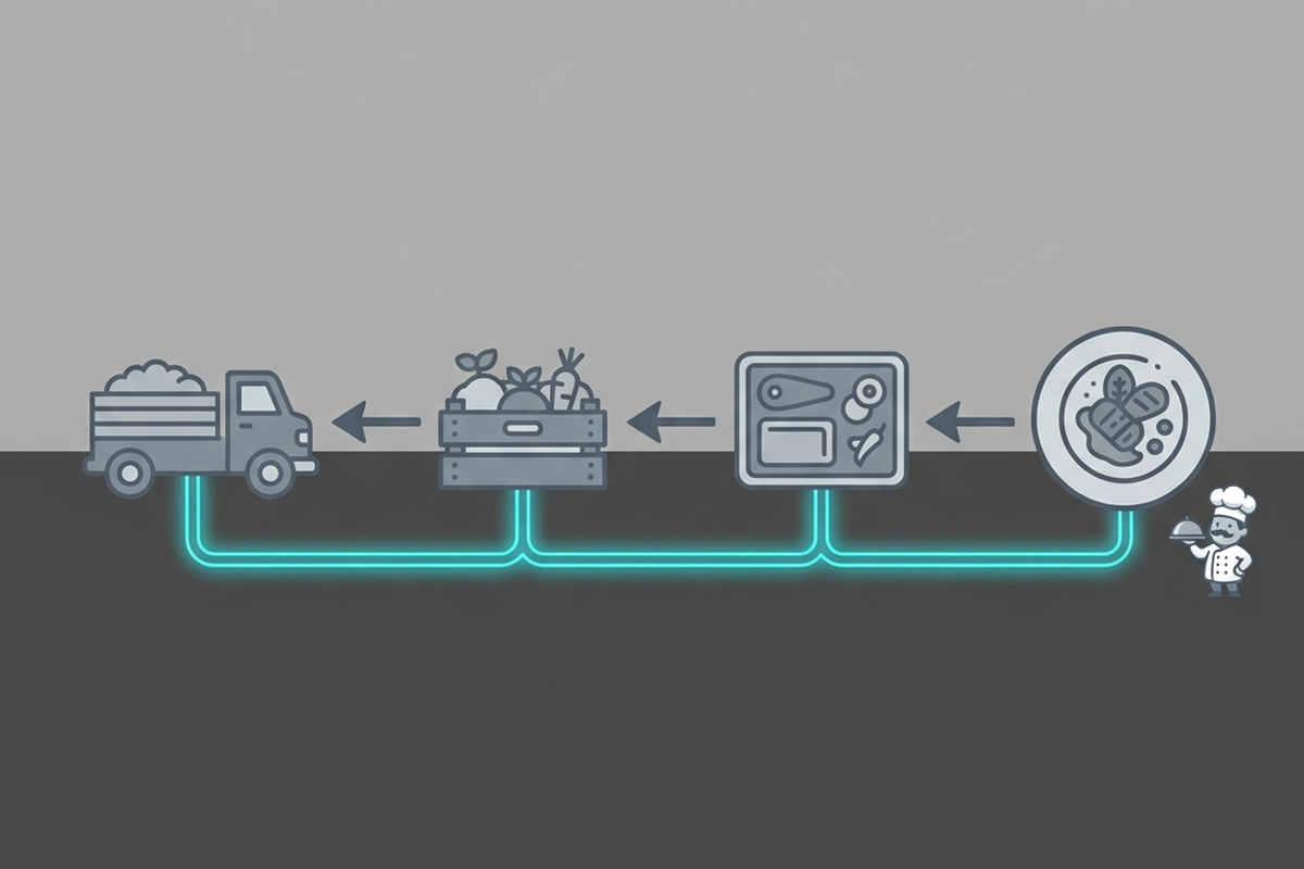 A simple backward chain diagram from a finished dish through prep, delivery, and source, connected by a glowing teal lineage line.