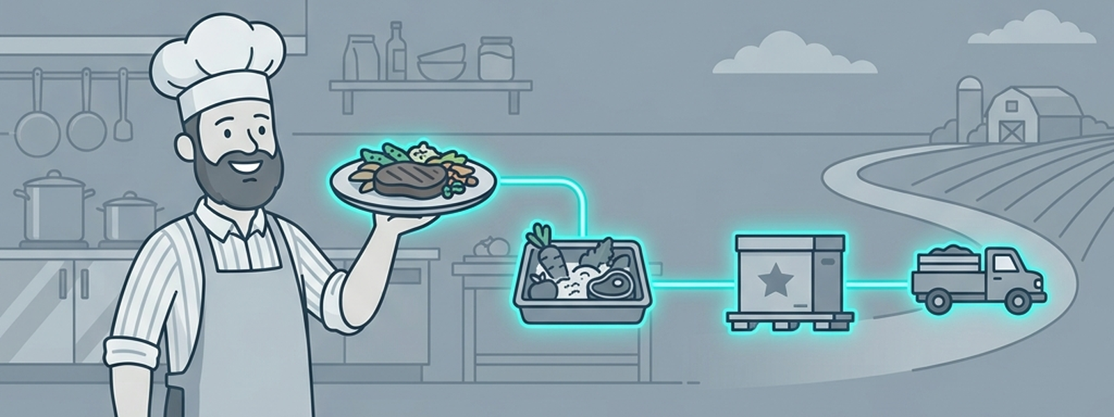 The Sous Chef traces a finished dish backward through a glowing teal thread connecting it to the prep tray, the delivery crate, and finally the originating farm truck.