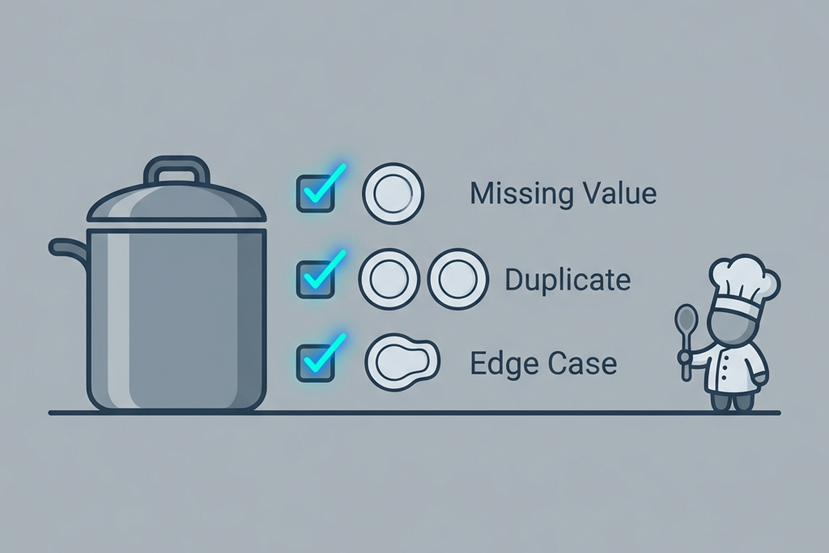 A checklist of small test-case icons (empty field, duplicate, edge case) next to a pot, each glowing teal as it's verified.