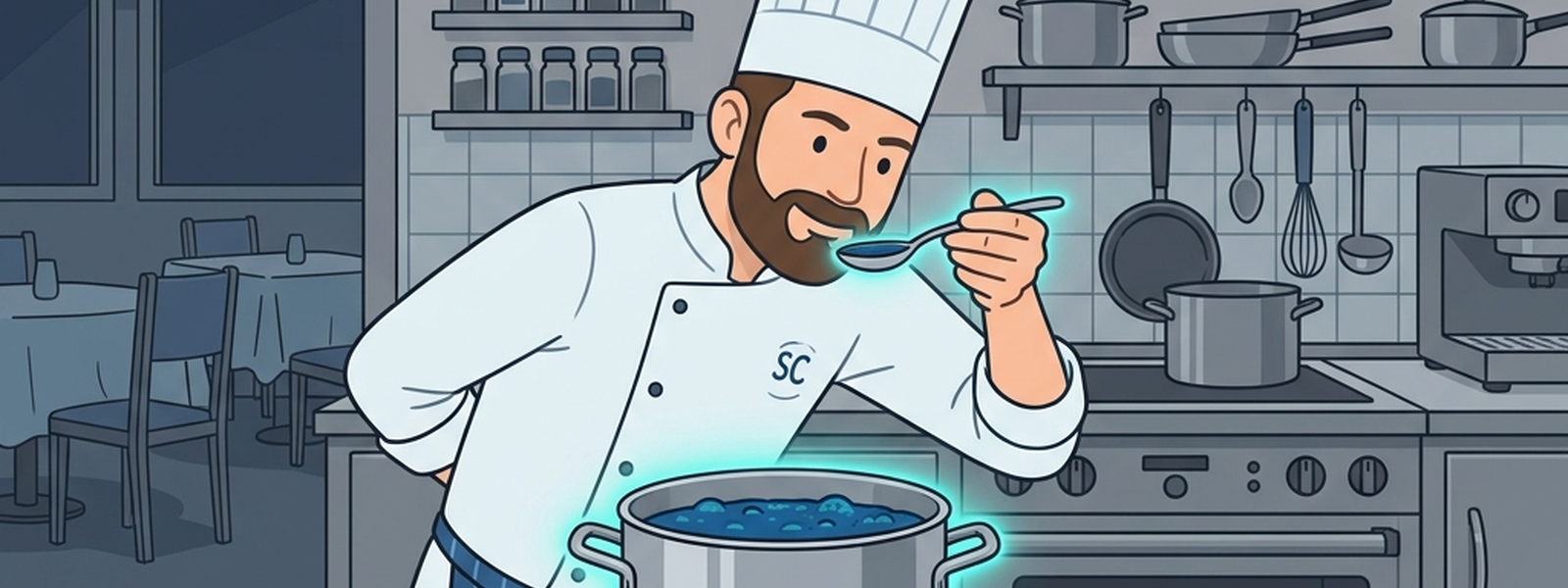 The Sous Chef tastes a sauce with a small spoon before service begins, a soft teal glow around the pot indicating a check is actively happening.
