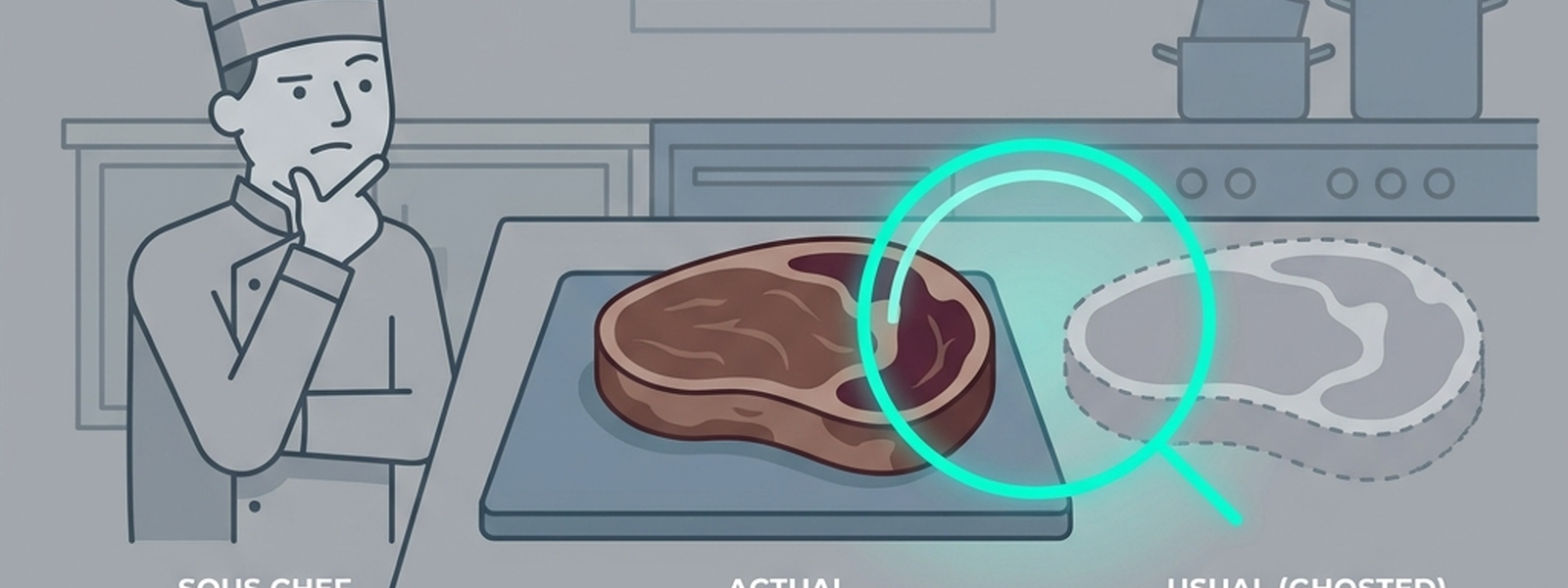 The Sous Chef notices a delivered cut of meat looks subtly different from usual, a teal magnifying glass effect highlighting the difference before it reaches the stove.