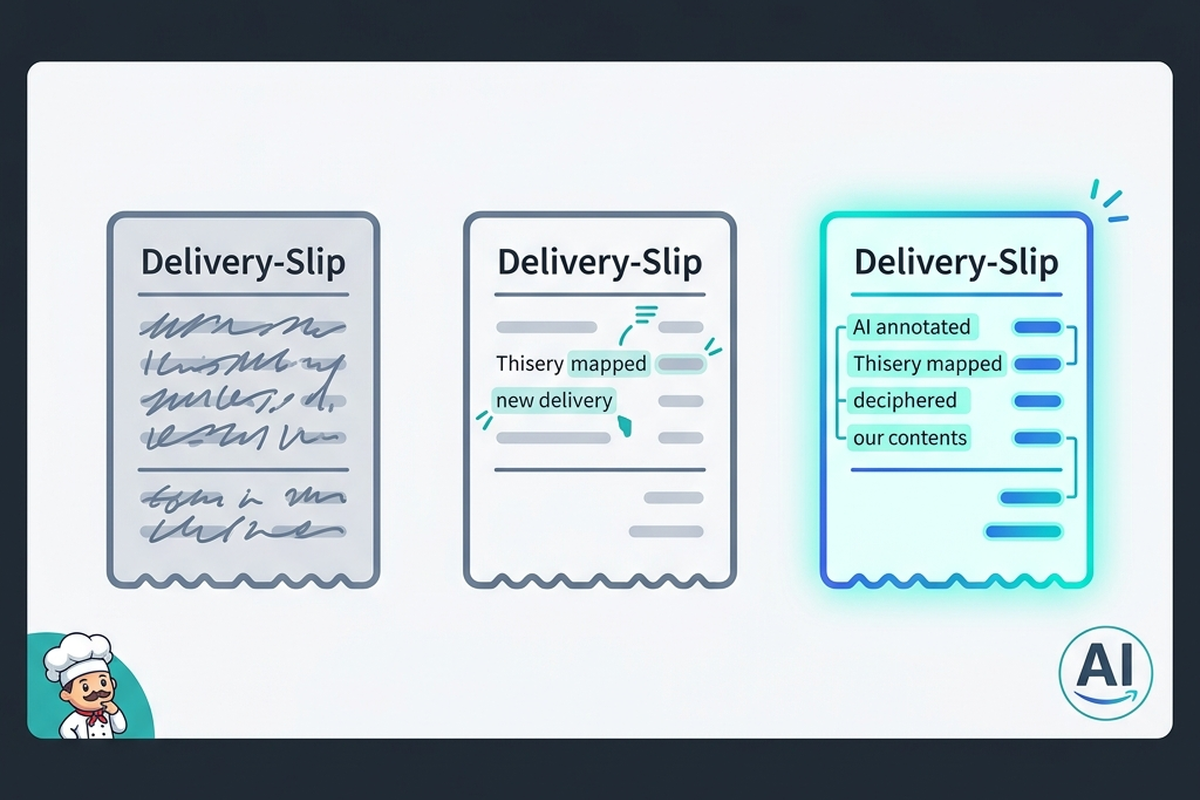 Three delivery slips shown side by side, increasingly legible, as teal annotations progressively clarify their shorthand.