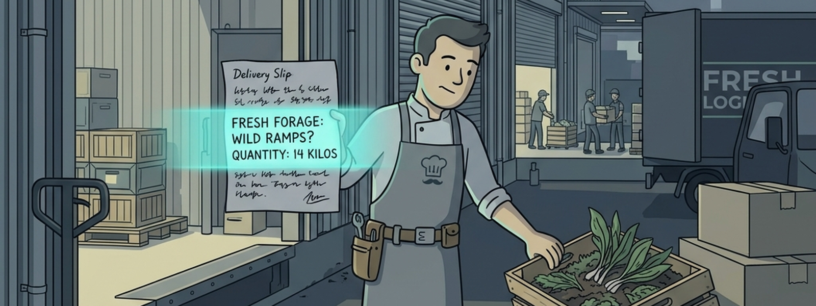 The Sous Chef examines an unfamiliar crate of produce and a handwritten delivery slip at the kitchen's back door, a soft teal scanning glow highlighting the readable parts of the slip.