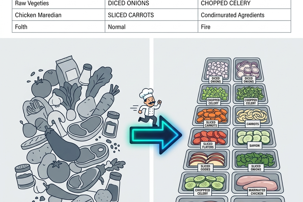 A before-and-after diagram showing jumbled raw ingredients on the left transforming into standardized, organized prep trays on the right, connected by a glowing arrow.