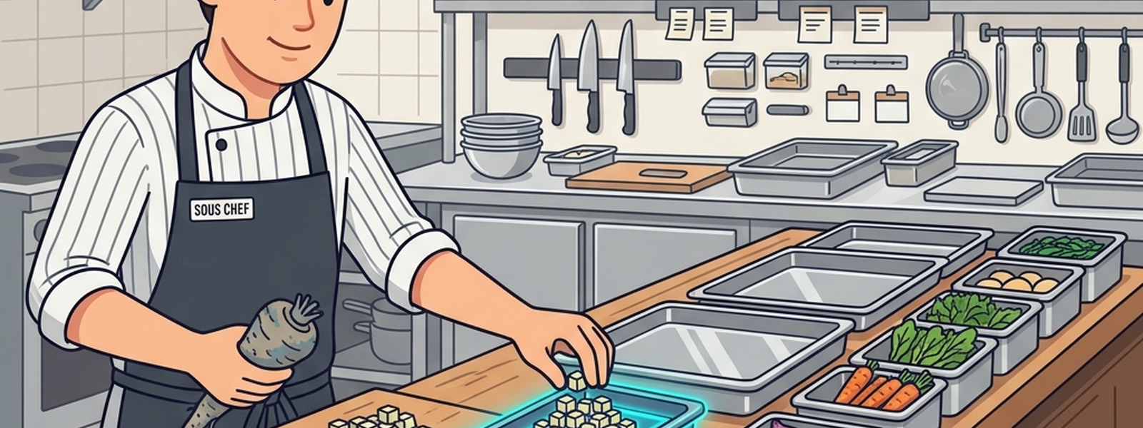 The Sous Chef at a cutting board, one hand holding a raw, dirt-covered vegetable and the other placing a cleanly diced, uniform portion into an organized tray glowing softly teal.