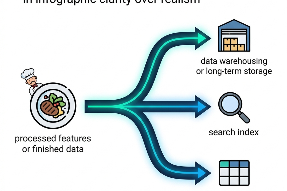 One dish splitting into three glowing paths leading to different destination icons: a warehouse shelf, a search-index icon, and a feature-store icon.