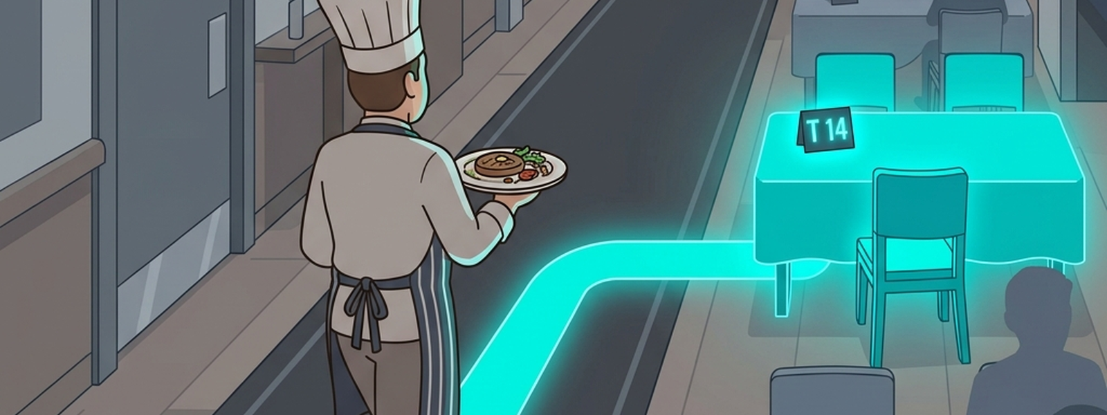 The Sous Chef carries a plate down a hallway toward several numbered tables, with a glowing teal path leading to the correct one and the others faded in muted gray/blue.
