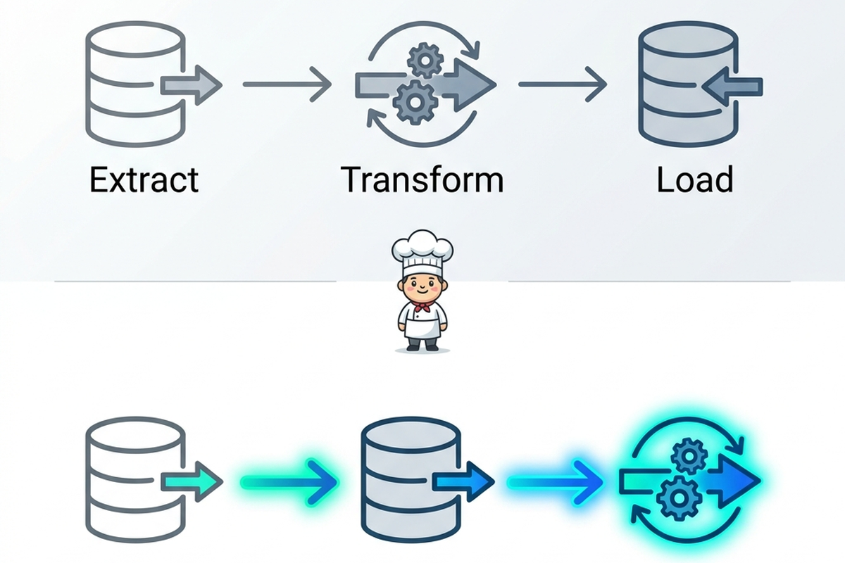 Two side-by-side flow diagrams comparing ETL (transform then load) and ELT (load then transform), with the ELT flow glowing teal.