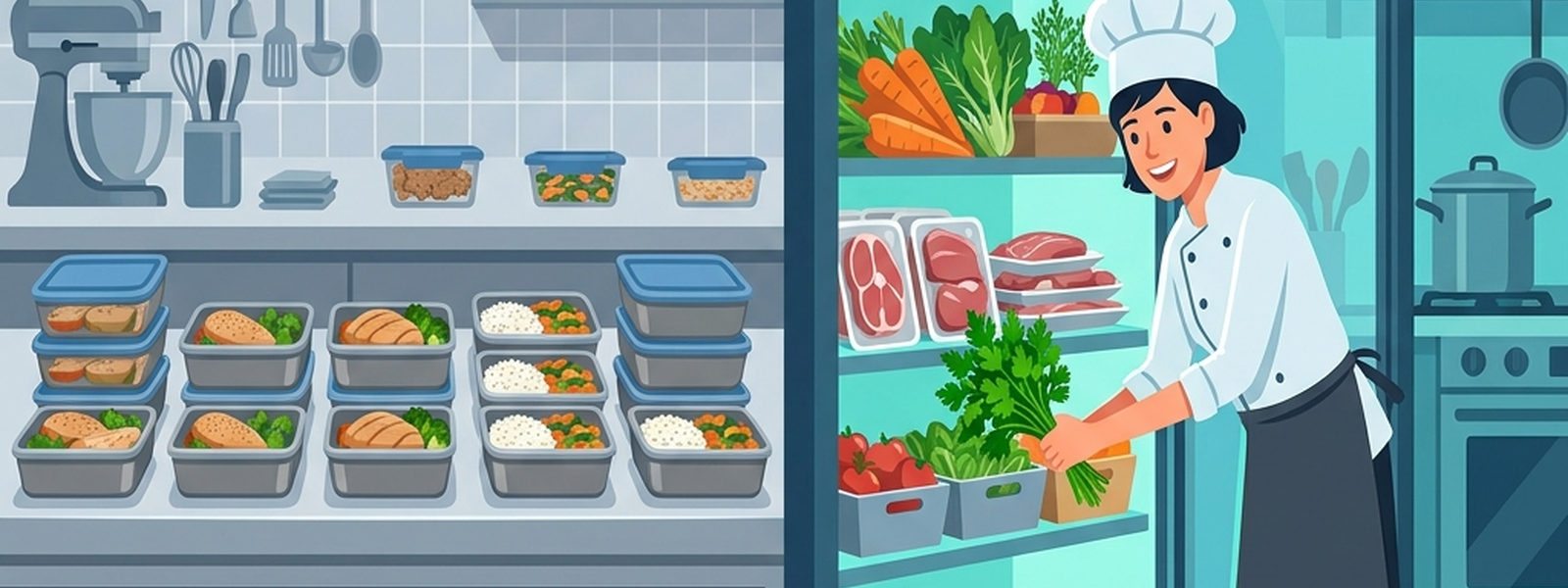 A split kitchen scene — one side shows neat prepped containers lined up in muted gray/blue, the other shows the Sous Chef cooking to order from a large raw-stocked walk-in glowing teal.