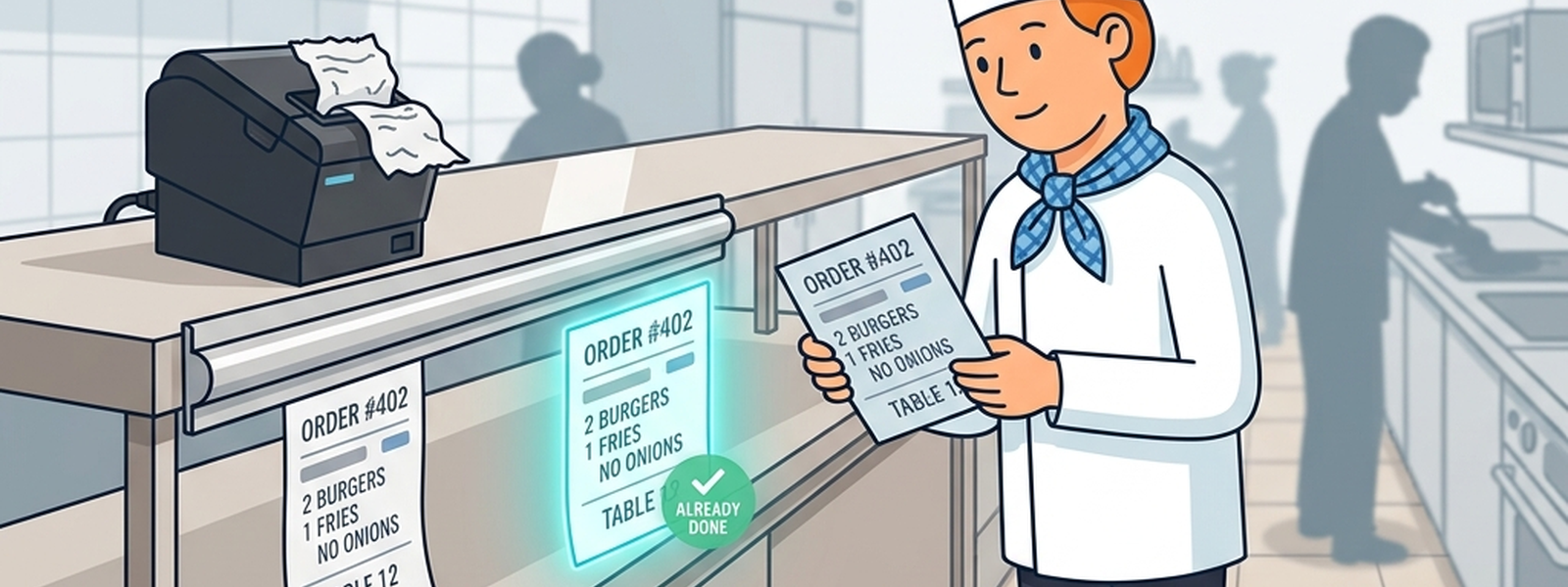 A ticket printer jams and prints a duplicate order; the Sous Chef holds up one ticket while a teal glow marks the duplicate as already handled, preventing a second dish from being fired.