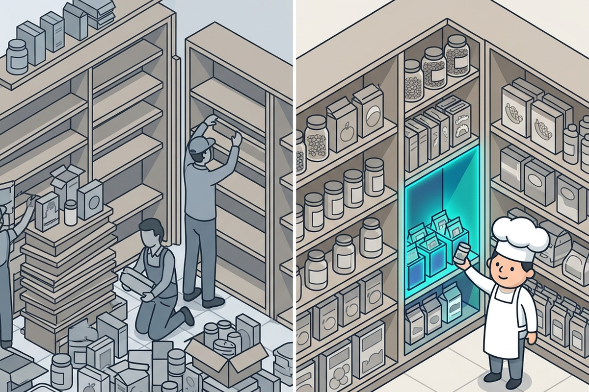 Side-by-side comparison of a full pantry rebuild versus a single incremental restock, the incremental version glowing teal and clearly smaller in scope.