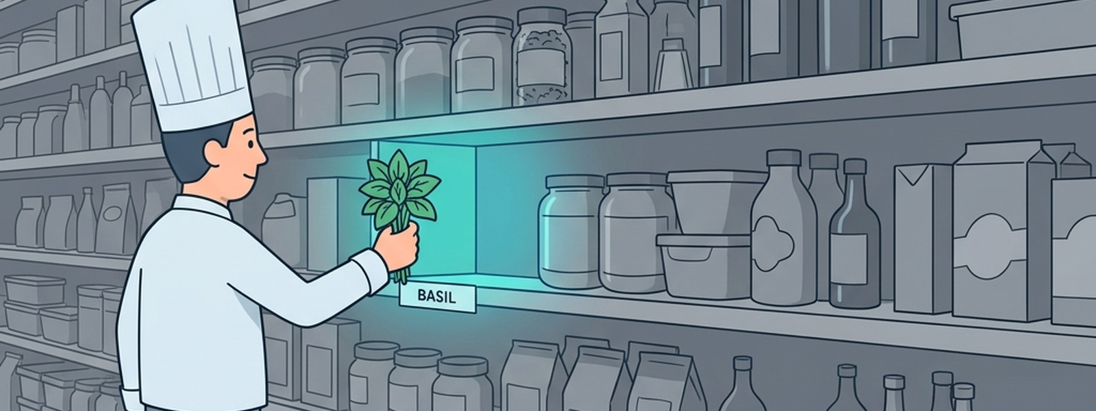 The Sous Chef places one bunch of basil into its labeled spot in an otherwise undisturbed, organized pantry, a small teal glow marking just that one spot.
