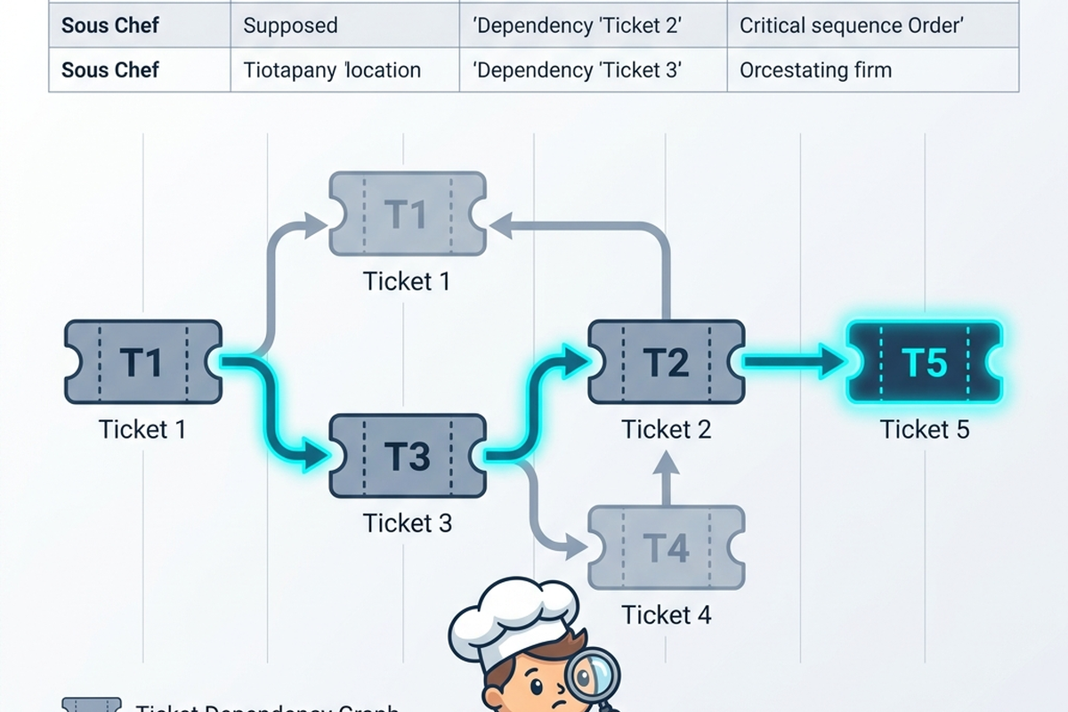 A simple dependency graph of kitchen tickets shown as connected nodes, with the critical path glowing teal.