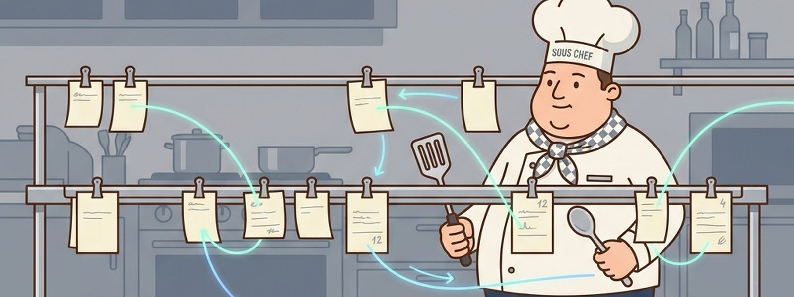 The Sous Chef manages a busy ticket rail, with connecting lines between tickets glowing teal to show which dishes must wait for others to finish first.