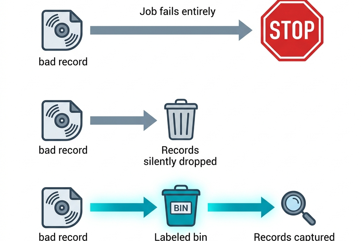 Three simple paths showing bad data either blocking everything, being silently dropped, or routed to a tracked reject bin, the third glowing teal as the recommended path.