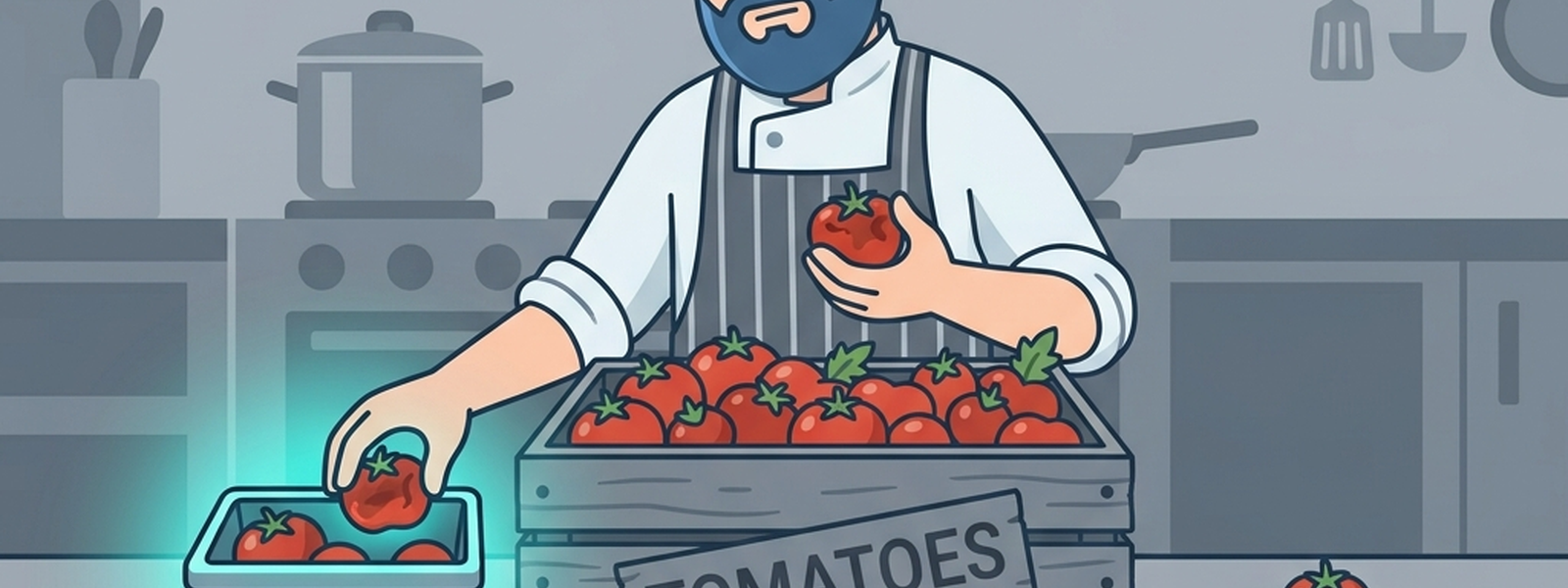 The Sous Chef sets aside a few bruised tomatoes into a clearly labeled reject bin while continuing to use the good ones, a soft teal glow highlighting the labeled bin.